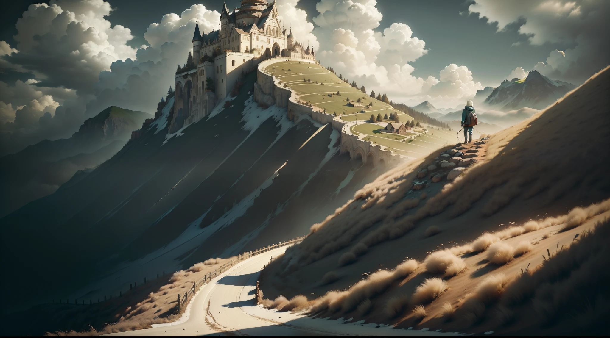 One guy, Climb every hill tirelessly, Even if they get old,The hair turned gray. (Best quality,4K,8K,A high resolution,Masterpiece:1.2),Ultra-detailed,Realistic:1.37,Portrait,Soft lighting,Green and blue color palette,Rolling hills,steep slope,winding path,Lonely figure,Tired expression,worn-out clothing,Empty landscape,overcast sky,Thick clouds,Misty atmosphere,fading footprints,distant horizon