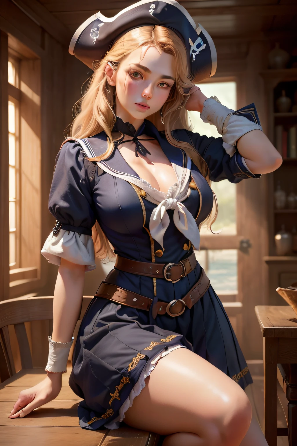 Portrait of a sailor woman in the pirate era、masterpiece, top-quality, hightquality, hight resolution、Beautiful expression、(Lifelike face)、realisticeyes、beatiful detailed eyes、real looking skin、Beautiful skins、A hyper-realistic、ighly detailed、((full-body view))、Poses in motion、