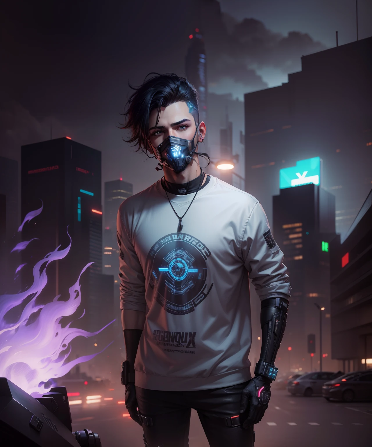 Change background cyberpunk handsome boy, realistic face , 8k , ultra realistic, with mask
