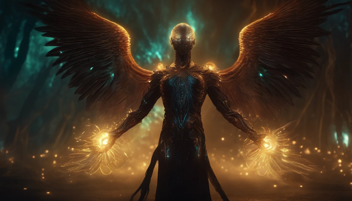 Cosmic Fallen Angel, glowing light eyes, Biomechanical, eerie, Creepy, nightmarish, Very bright colors, Light particles, with light glowing, Mshiff, gothic wallpaper art, UHD wallpaper