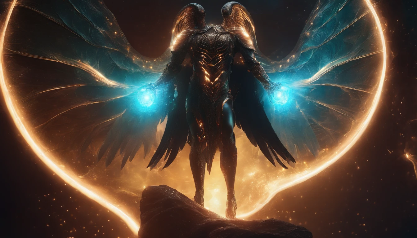 Cosmic Fallen Angel, glowing light eyes, Biomechanical, eerie, Creepy, nightmarish, Very bright colors, Light particles, with light glowing, Mshiff, gothic wallpaper art, UHD wallpaper