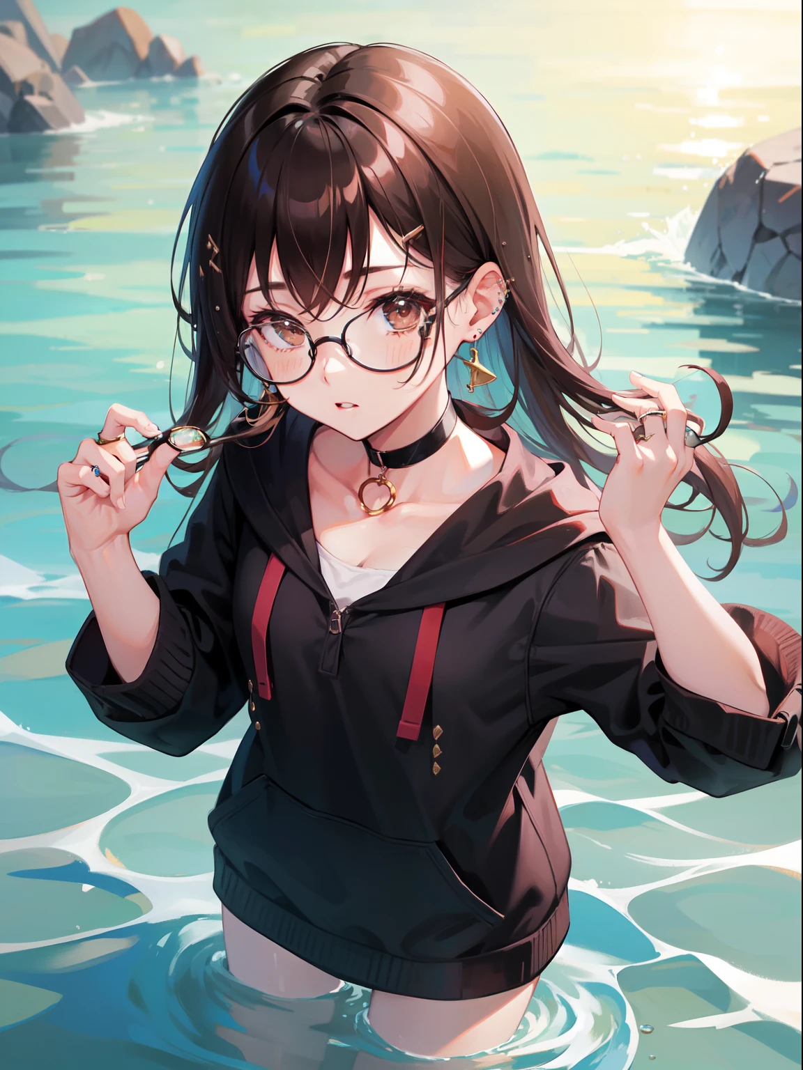 1人の女性、brown haired(Curta)、Brown eyes、Black-rimmed glasses、Ring piercing of the earlobe、Mare、playing in the water