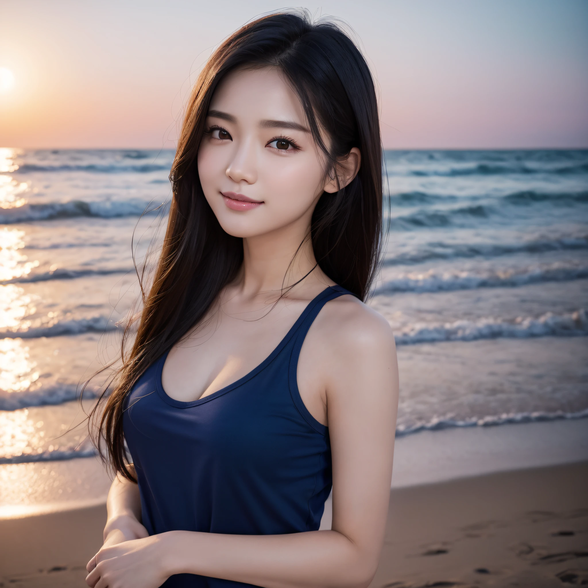 One lady、((best qualtiy、8k masterpieces:1.3))、foco nítido:1.2、(ultra beautiful faces:1.0)、(shinny skin:1.0)、photos realistic、A dark-haired、Video Lighting、High-definition eyes and face、Video Lighting、(Korean Cute Actress)、from the front side、medium breasts、ssmile、Slender Abs Beauty、Whole body、wearing t-shirts、On the beach at night