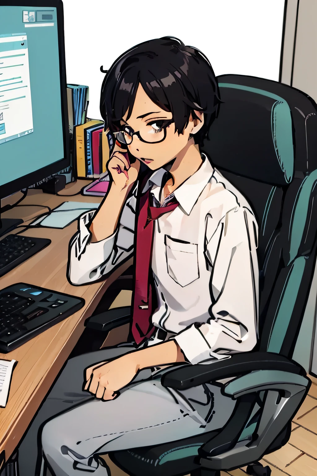 illustration,American,planar,Libido boy,office room,Face the computer,wears glasses
