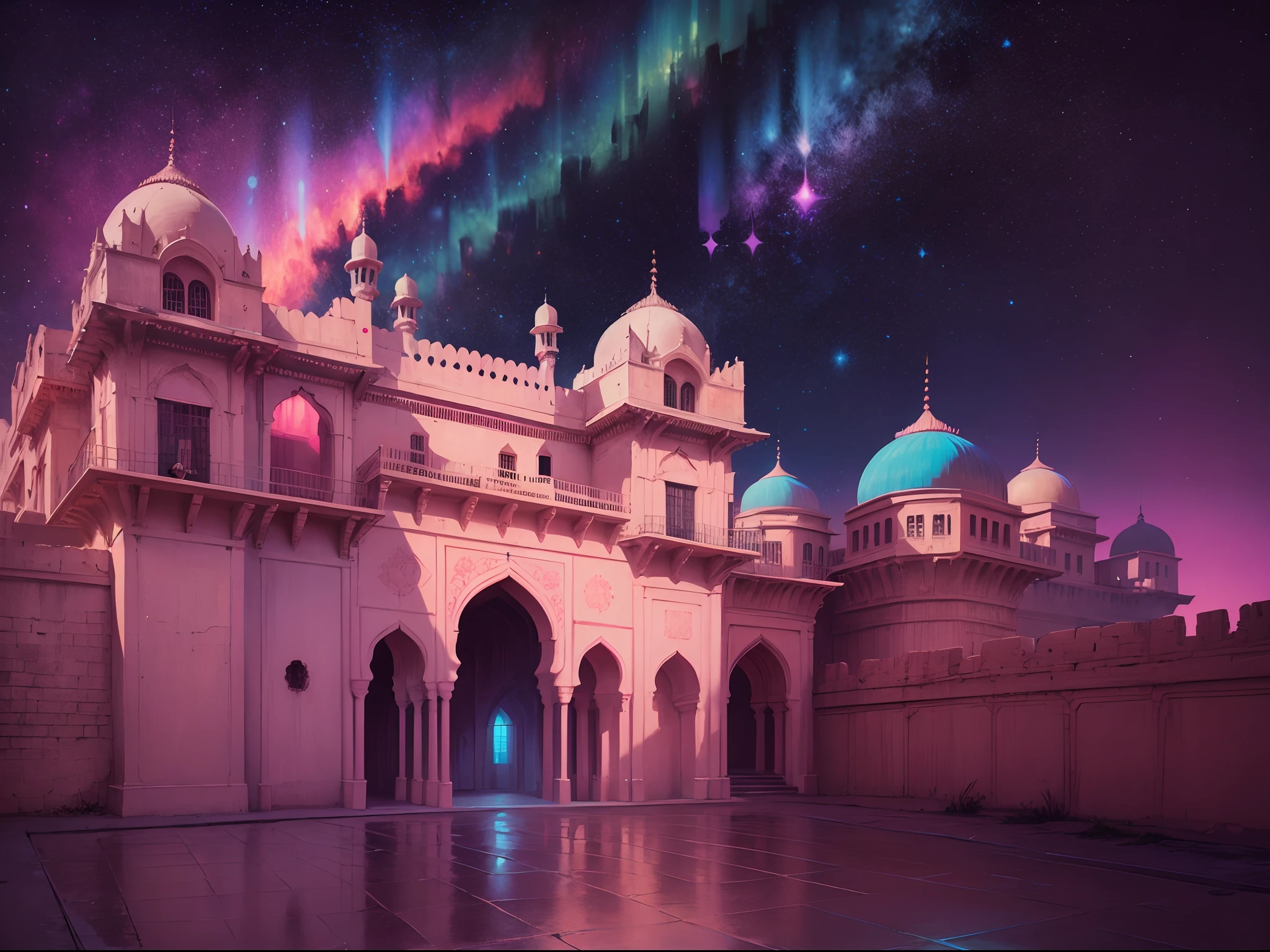 album cover, cheerful, fluorescent neon pink and violet blue, glow in the dark,beneath a starry night sky, digital painting, abstract pop art, rajasthan fort right, hyper realistic, holistic detailed view --auto --s2