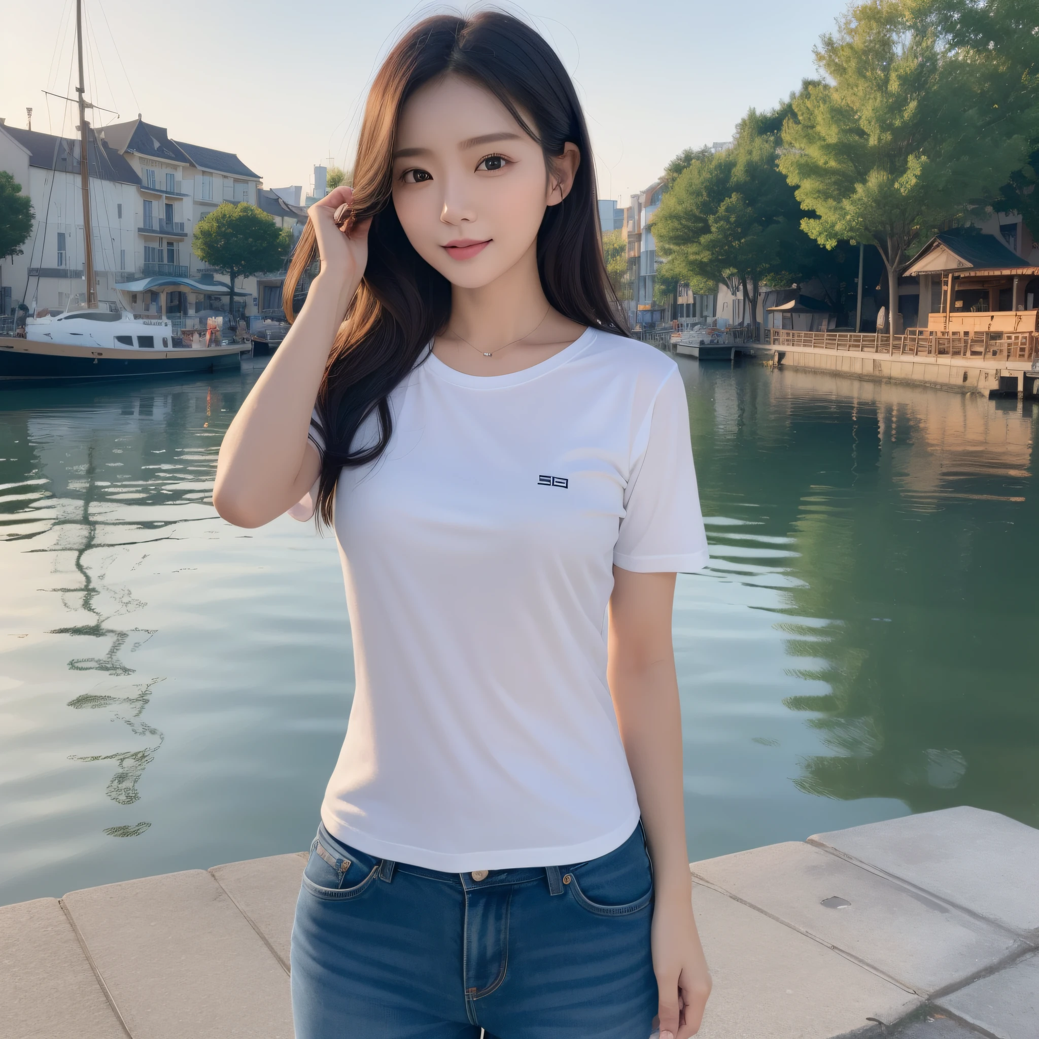 One lady、((best qualtiy、8k masterpieces:1.3))、foco nítido:1.2、(ultra beautiful faces:1.0)、(shinny skin:1.0)、photos realistic、A dark-haired、Video Lighting、High-definition eyes and face、Video Lighting、(Korean Cute Actress)、from the front side、medium breasts、ssmile、Slender Abs Beauty、Whole body、wearing t-shirts、At the quay in the early morning、