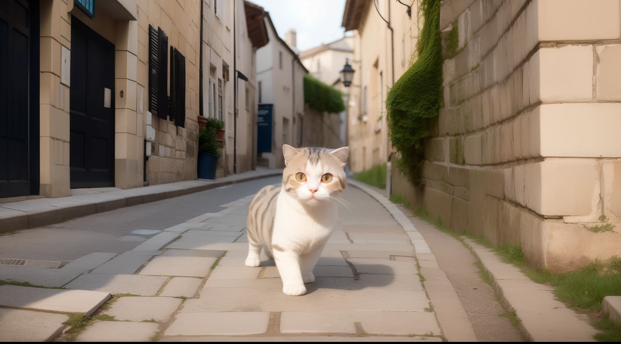 catss, Scottish Fold, Being on the streets of the old city, Low perspective, top-quality, masterpiece, Photorealsitic, ultra-detailliert, PM, natural soft light
