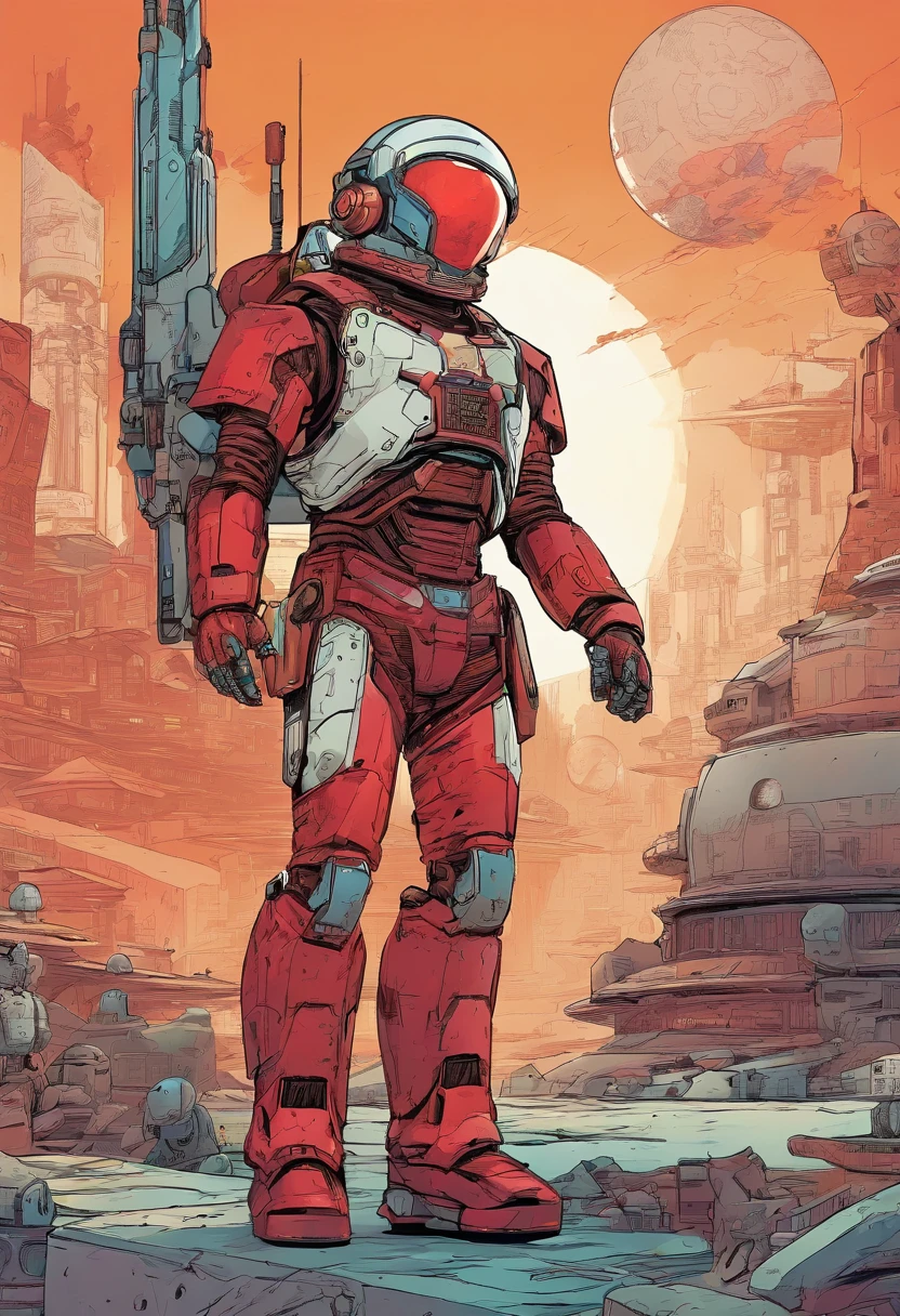 cyberpunk robot, Android vermelho e branco, (astronauta outfit, capacete com viseira escura) estilo homem de ferro, HD, cores quentes, estilo comics, deserto como background