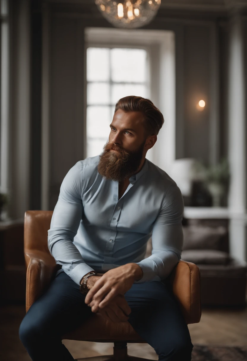 Man with beard and white shirt posing for photo and sitting on a stylish chair in a Scandinavian apartment, behaarte Brust, behaarte Schultern, sparse hair on the chest, Brusthaar, Strong masculine traits, Sehr attraktiver Mann mit Bart, Handsome bearded man, Partially male-haired trunk, bearded man, grober Bart, masculine features, gekräuselter Bart, Bearded and built, Hairy chest and body, Vollbart, Perfekte Details, Ultra-realistisch, blaue Augen