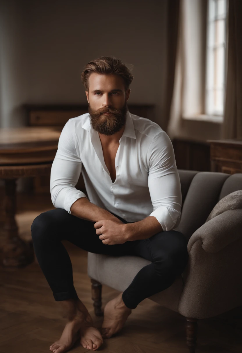 Man with beard and white shirt posing for photo and sitting on a stylish chair in a Scandinavian apartment, behaarte Brust, behaarte Schultern, sparse hair on the chest, Brusthaar, Strong masculine traits, Sehr attraktiver Mann mit Bart, Handsome bearded man, Partially male-haired trunk, bearded man, grober Bart, masculine features, gekräuselter Bart, Bearded and built, Hairy chest and body, Vollbart, Perfekte Details, Ultra-realistisch, blaue Augen