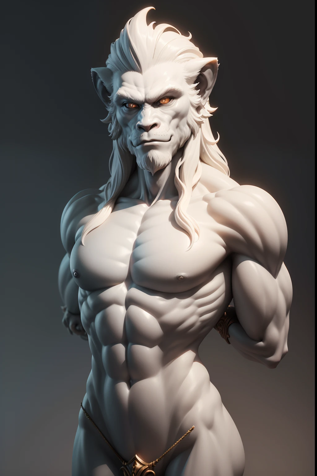 White monkey,Immortal,Flowing hair,aethereal,Monkey spirit beast,Chinese mythical beast,Spirit beasts,Immortal beasts,The bulging facial muscles are very fierce and terrifying,Only the head is domineering, Stylized marble 3d rendering, , HD is intricate, Overly detailed sculpture, Trends in complex 3D sculptures on Zbrush,