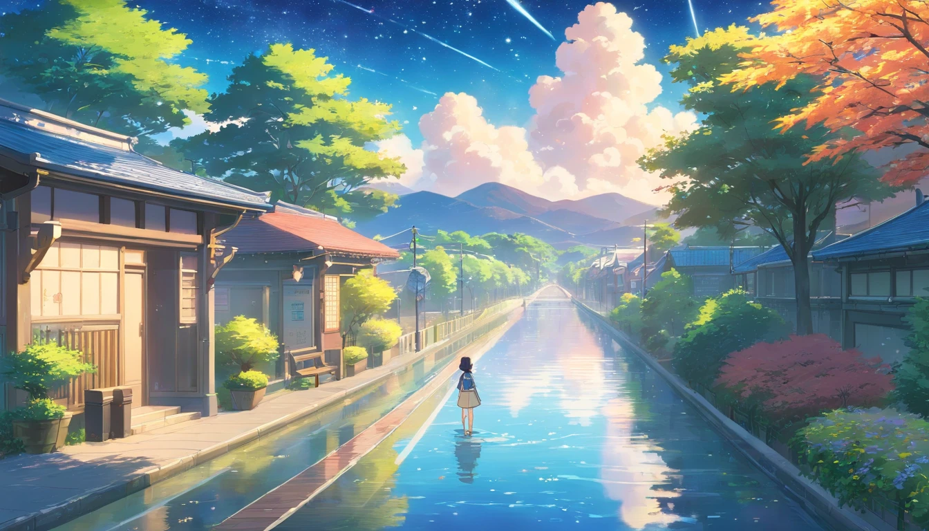 High quality masterpiece ,scenecy,Anime ager crossing a patch of water on campus, Glittering starry sky。Romantic campus,Pisif,concept-art,Lofi art style,Reflectors。 By Makoto Shinkai, Lofi art, beautiful anime scenes, Anime landscapes, Detailed scenery —width 672, in the style of makoto shinkai, Makoto Shinkai's style,Detail enhancement