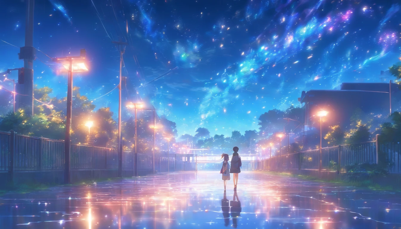 High quality masterpiece ,scenecy,Anime ager crossing a patch of water on campus, Glittering starry sky。Romantic campus,Pisif,concept-art,Lofi art style,Reflectors。 By Makoto Shinkai, Lofi art, beautiful anime scenes, Anime landscapes, Detailed scenery —width 672, in the style of makoto shinkai, Makoto Shinkai's style,Detail enhancement