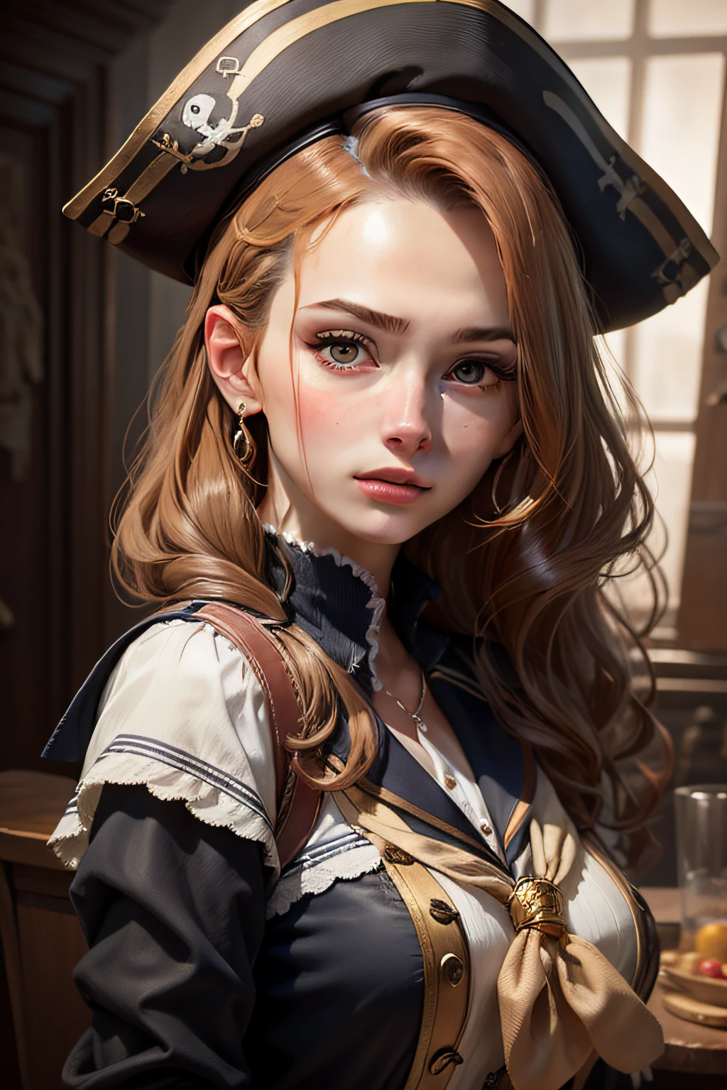 Portrait of a sailor woman in the pirate era、masterpiece, top-quality, hightquality, hight resolution、Beautiful expression、(Lifelike face)、realisticeyes、beatiful detailed eyes、real looking skin、Beautiful skins、A hyper-realistic、ighly detailed、((full-body view))、
