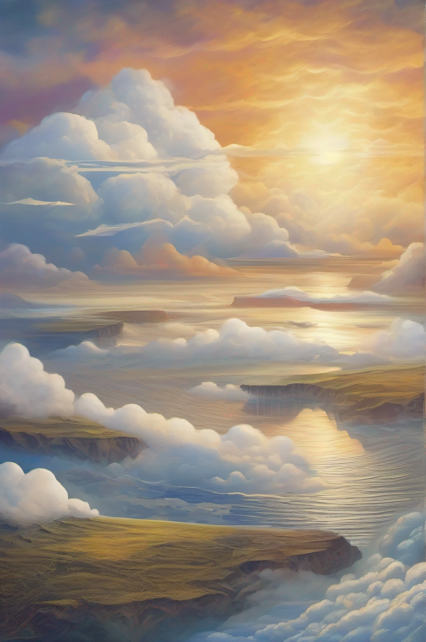 Imagine yourself transported to a surreal, ever-changing sky kingdom composed exclusively of cotton-like cumulus clouds curling and undulating gracefully around one another. They shift fluidly between states, sometimes dense enough to obscure everything beyond them save faint suggestions of further peaks towering behind veiled mists, other times parting just long enough to offer tantalising glimpses into what lies ahead - perhaps distant storm fronts rumbling menacingly far away in direction opposite to our travel, bright sunbeams lancing through breaks overhead bathing portions beneath with dazzling pools of gold light, or maybe even unexpected bursts of pastel coloured rainbow arcs crisscrossing randomly athwart. All combine together into single massive panorama painting continuously evolving right before us thanks to invisible forces stirring silently below surface. Experience sensation getting lost amongst infinite ocean heaven up there soaring weightlessly alongside eagles gliding effortlessly amidst white foamy sea waves...