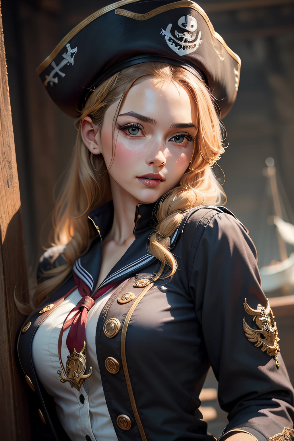 Portrait of a sailor woman in the pirate era、​masterpiece, top-quality, hightquality, hight resolution、Beautiful expression、(Lifelike face)、realisticeyes、beatiful detailed eyes、real looking skin、Beautiful skins、A hyper-realistic、ighly detailed、((full-body view))、