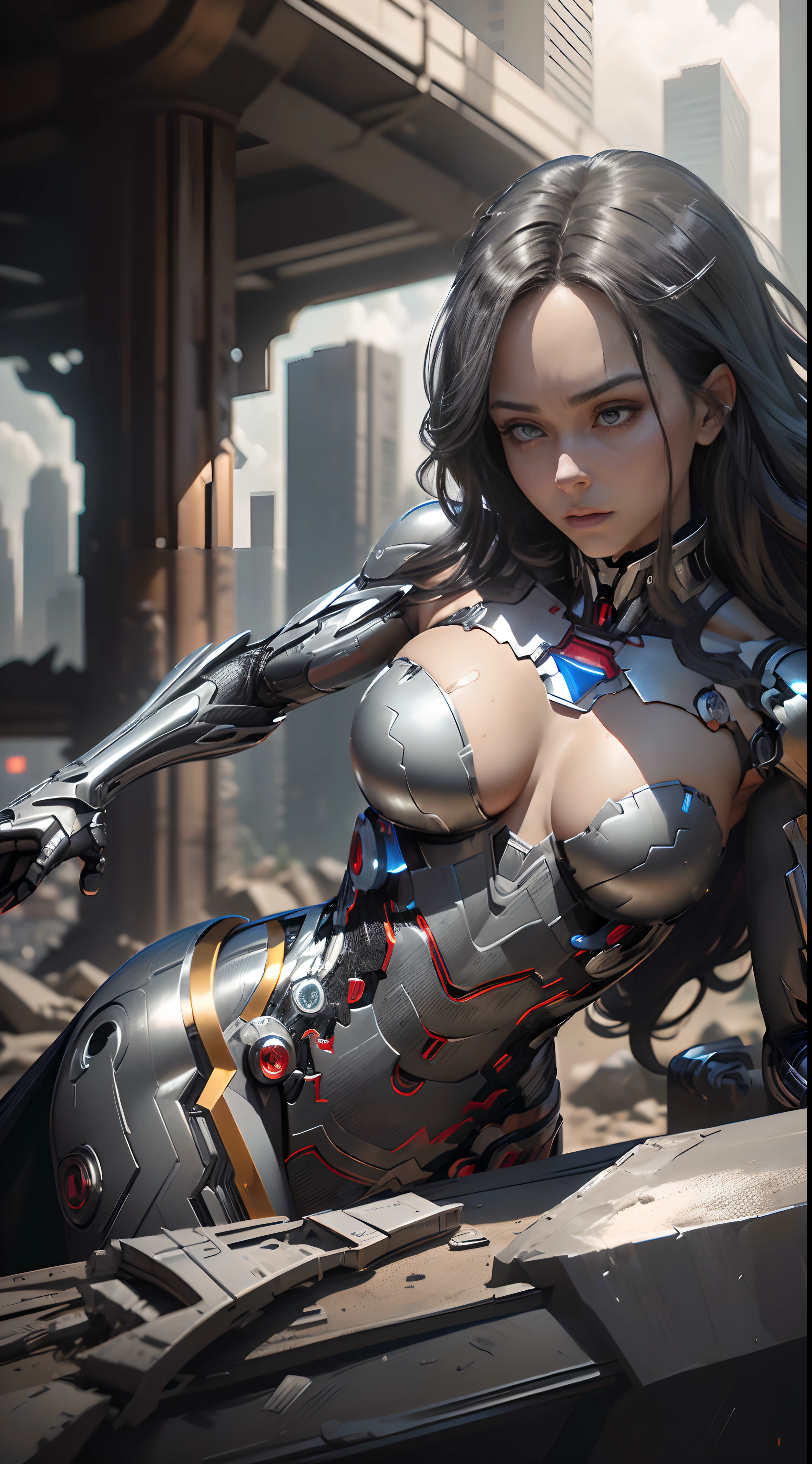 Action shot of M1lly4c0k2222 ((Wearing a sexier and revealing black and silver version of the evil Superman suit Iron Man)), Large breasts, Toned body, (Explosion in the background A city in ruins), Style - Blade Runner 2049-8V intricate, High detail, Sharp focus, Dramatic, ((Photorealistic)) --auto