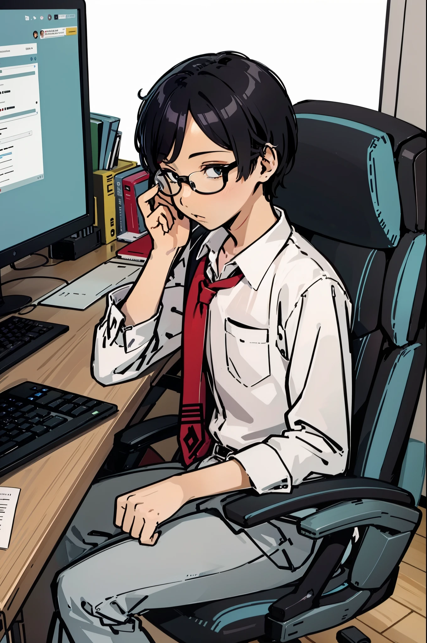 illustration,American,planar,boy,office room,Face the computer,wears glasses