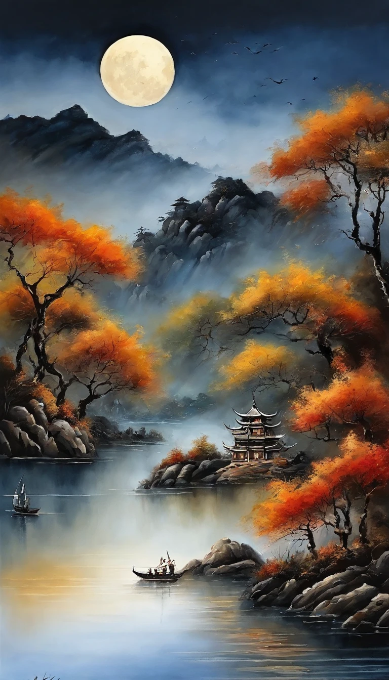 Chinese landscape painting,ink and watercolor painting,water ink,ink,Smudge,Faraway view,Ultra-wide viewing angle,Meticulous,low-saturation,Low contrast,Night rendering,nighttime scene,The sea rises and the moon rises,The light boat has crossed the Ten Thousand Heavy Mountains,Moon,small boats,Flying birds,Beautifully depicted,A detailed,acurate,Works of masters,tmasterpiece