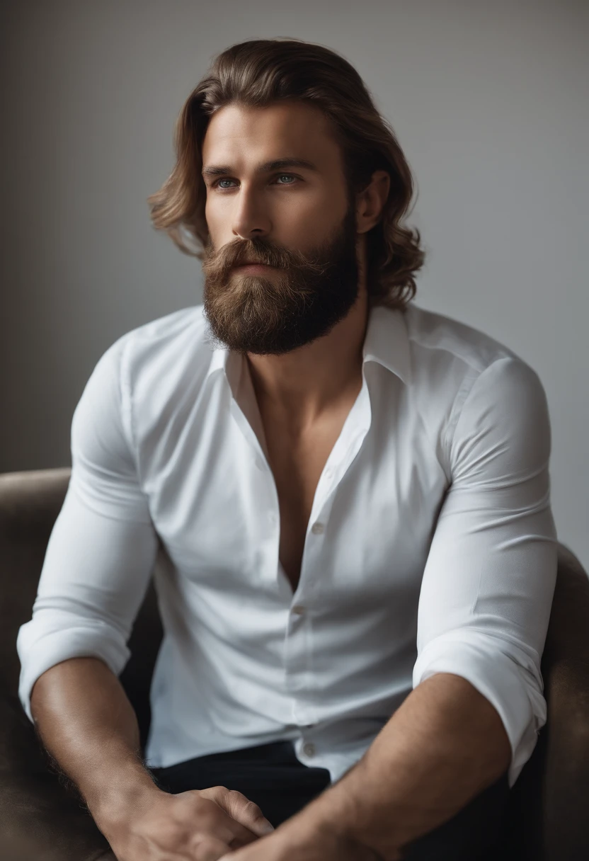 Man with beard and white shirt posing for photo and sitting on a stylish chair in a Scandinavian apartment, you can only see the body up to the chest. Hands and feet are not visible, behaarte Brust, behaarte Schultern, sparse hair on the chest, Brusthaar, Strong masculine traits, Sehr attraktiver Mann mit Bart, Handsome bearded man, Partially male-haired trunk, bearded man, grober Bart, masculine features, gekräuselter Bart, Bearded and built, Hairy chest and body, Vollbart, Perfekte Details, Ultra-realistisch, blaue Augen