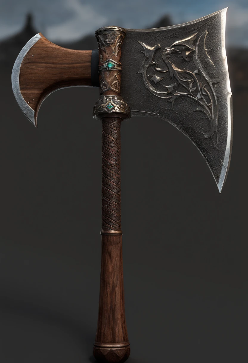 Close-up of a large metal axe with a wooden handle, fantasy weapon, highly detailed textured 8 k, highly detailed textured 8k, hammer weapon, super detailed render, highly detailed texture render, battleaxe, battleaxe, rpg item render, dwarven weapon, 3 d hammer modeling, hyper realistic detailed rendering, epic fantasy weapon art, detailed unreal engine 5 render
