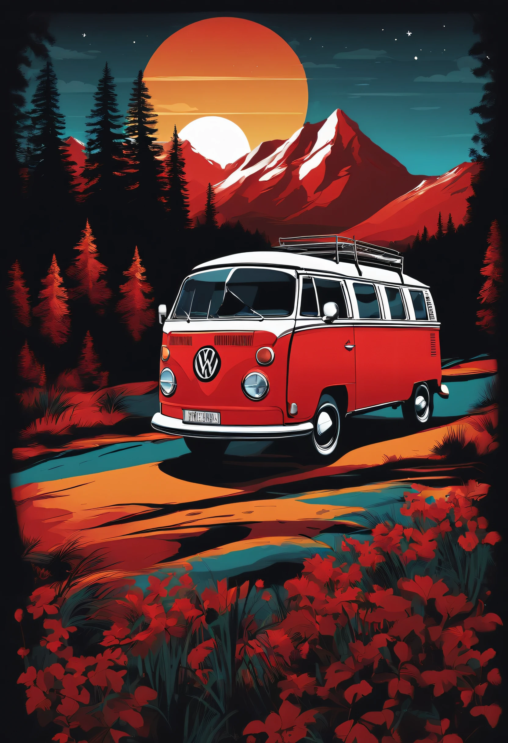 Vector T-shirt art ready to print Colorful graffiti illustration of a red Volkswagen Kombi, swiss alps, Tall trees, 夏天, night time, camp fire, Volkswagen kombi