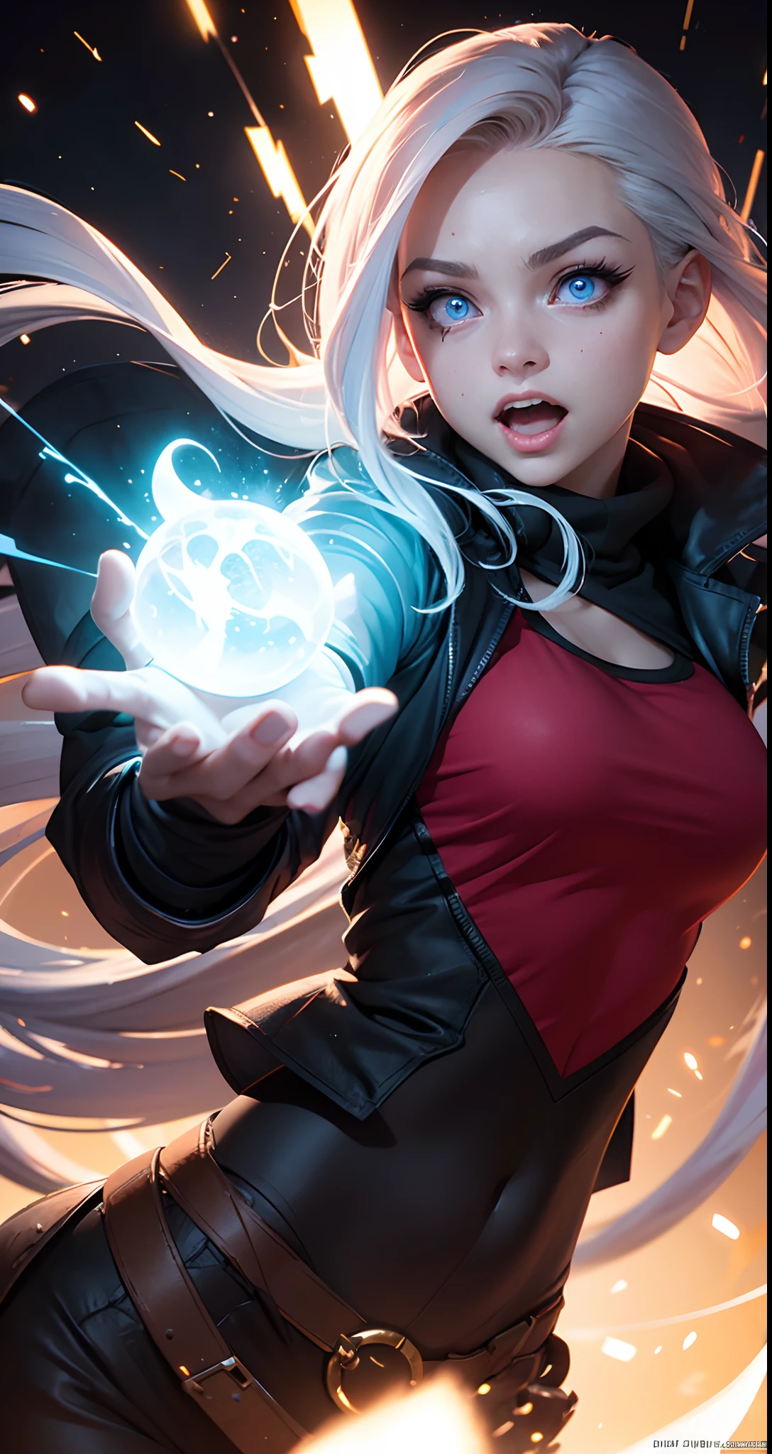 Jinx stole, super background, tmasterpiece, higly detailed, Glow Blue Eyes, Epicness, grenade, Epic backstory, A masterpiece of explosions, Персонаж игры Джинкс League of Legends,higly detailed, Scene in motion, madness, the wind, Explosions of the best quality, filmstill, 1 Jinx, Jinx from the clouds, soaring in the sky, a closeup of a, The vibrant, a happy, warm soft lighting, Sundown, (sparks: 0,7)