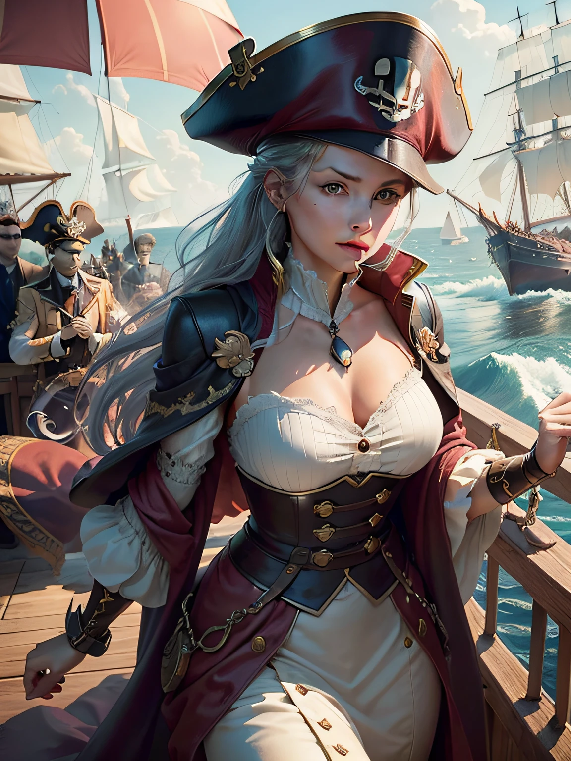 A beautiful and fierce pirate queen, long and light hair, olhos intensos, full red lips, wearing an ornate pirate captain's uniform, standing on the deck of your ship, ocean backdrop, dramatic lighting, film composition, highy detailed, comic style, details Intricate, stunning colors, dramatic shadows, temperamental atmosphere, (best qualityer,8K,high resolution,work of art:1.2),ultra detali,,cinematic lighting,battle pose, full body, dramatic expression,Elaborate costume,detailed ship in the background,stormy ocean waves