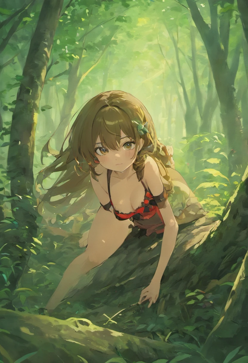 a hyper-realistic portrait of a young woman, half asleep, under a tree, inside a forest, in the middle of nature, 22 years old, realistic, (lying on her side), she is wearing a red panties, (wearing a garter belt and black pantyhose), sexy, (huge breasts 2:1), torn, (all torn), short brown hair, (hair tied with bows), curved, SFW