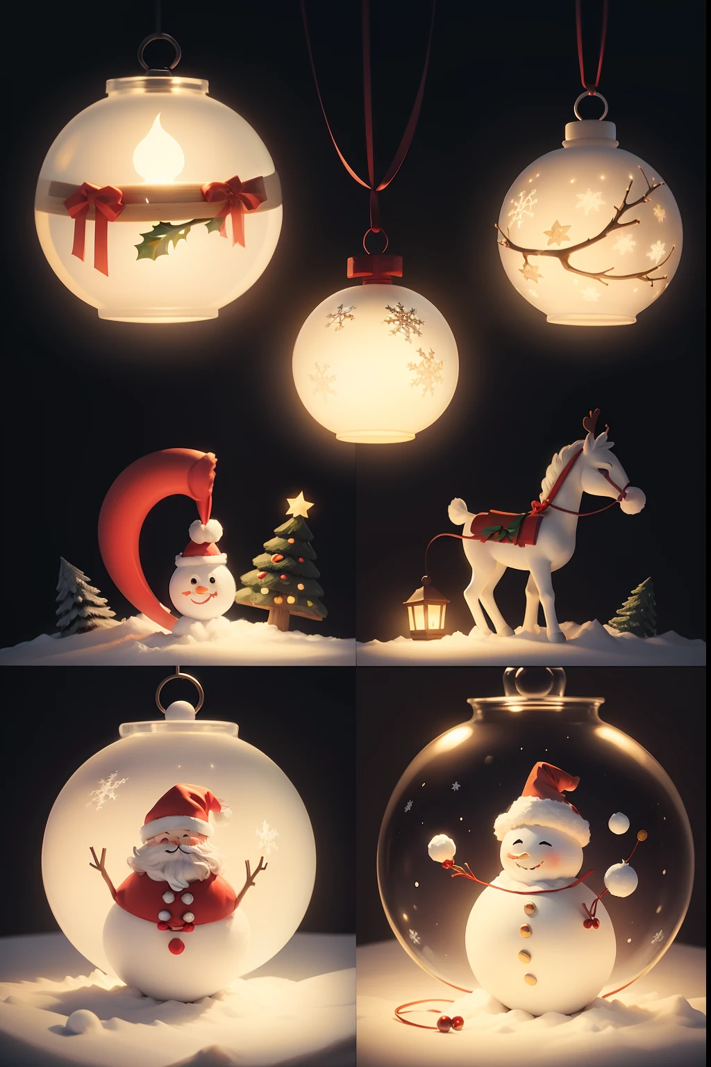 Set flat sticers clipart for Christmas, branch, Santa Claus, lantern, snowman, candy crane, bell, ornament, on white isolated background, Pixar style