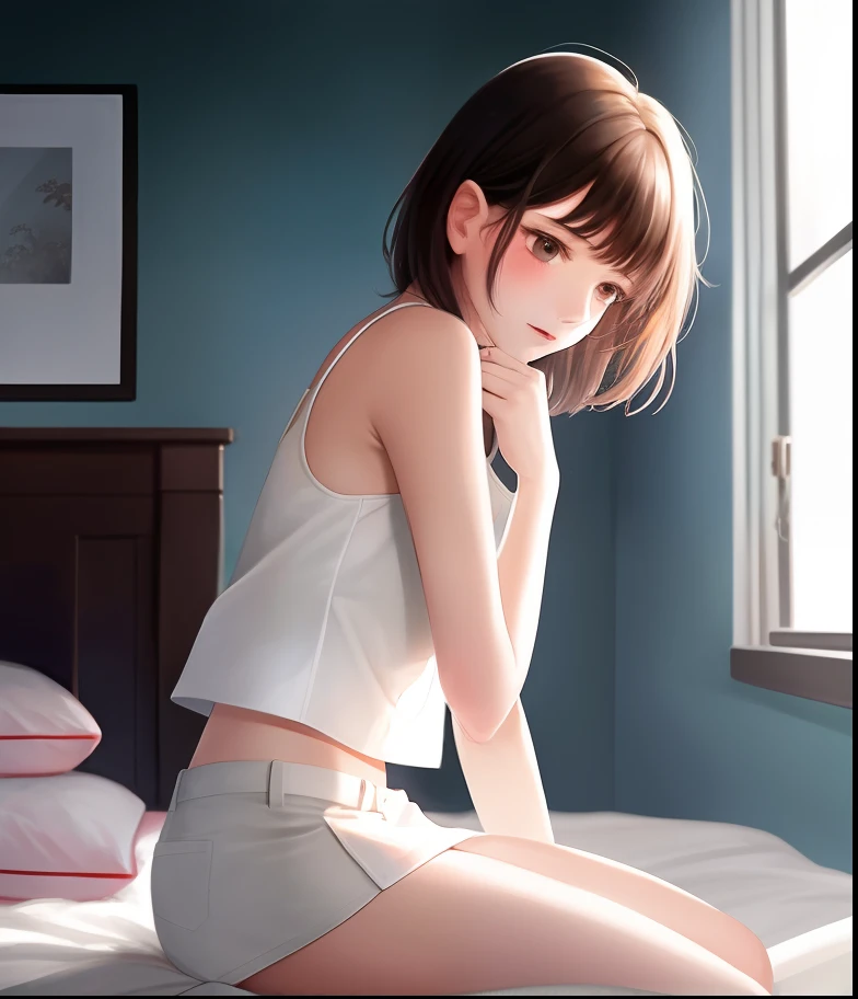A girl with a character,Kneel on the bed with white sheets,Wear a white vest with a camisole on the upper body,Wear a white miniskirt underneath,Grab the white quilt with both hands and hold it to your chest,The expression is shy,Soft warm light from the windows,Cinematic tones