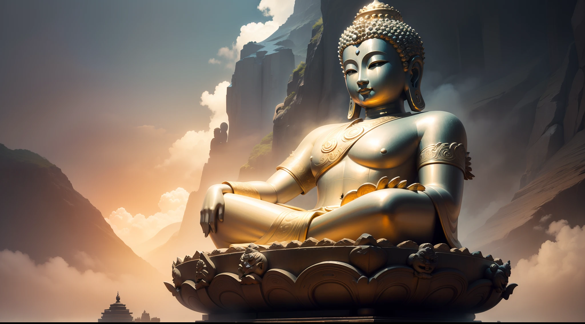 Buddha statue sitting on foggy ground, bodhisattva, Guanyin，the god emperor of mankind, guanyin of the southern seas, Buddhist, Deities, God of Wealth, Divine goddess, Buddhism，真实感