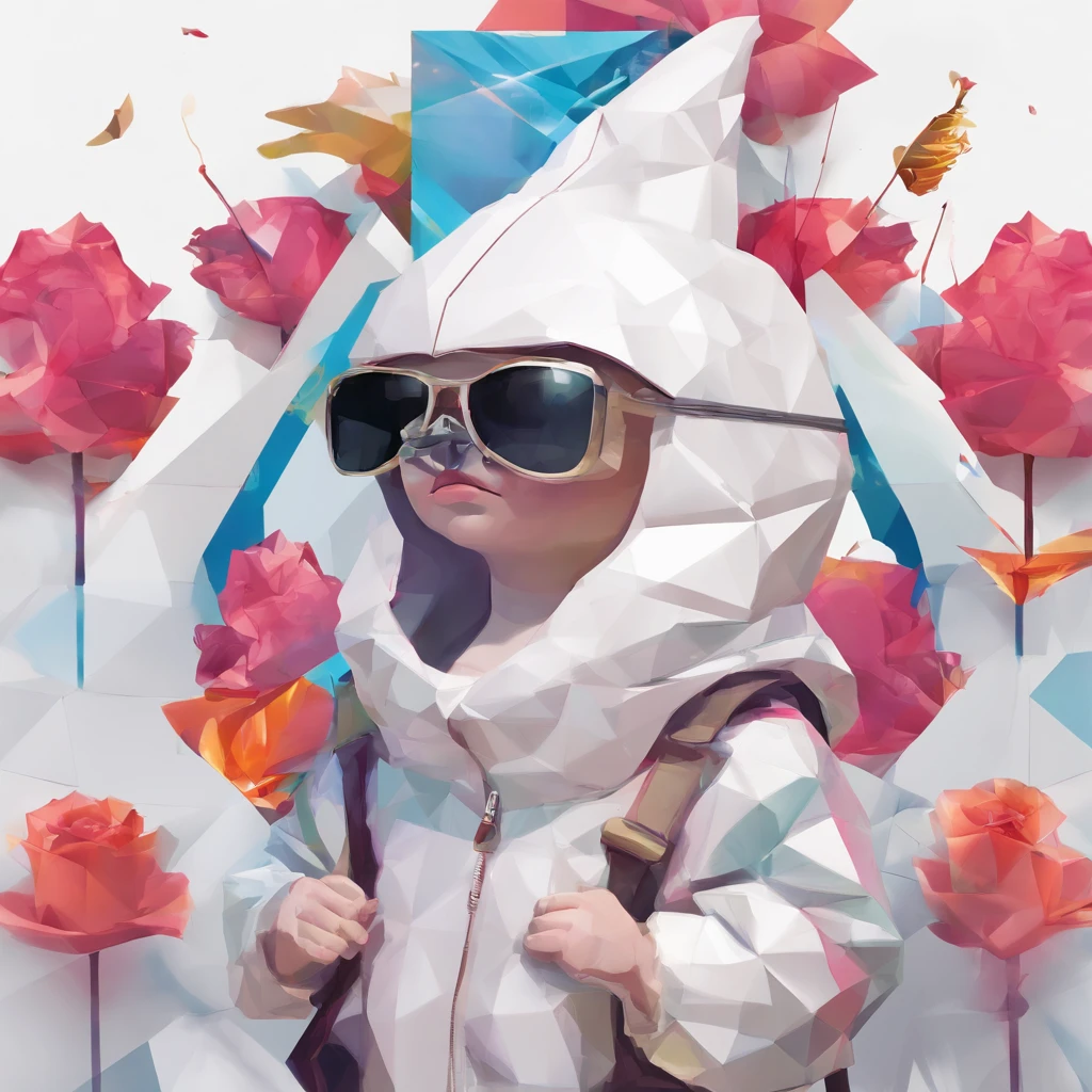 Perfect alignment, Cute shark in jacket,crystal vases,Rose flower, Wearing sunglasses, cheerfulness, Standing position, Abstract beauty, Centered, Looking at the camera, Facing the camera, nearing perfection, Dynamic, Highly detailed, smooth, Sharp focus, 8K, high definition resolution, illustration, Art by Carne Griffiths and Wadim Kashin, White background