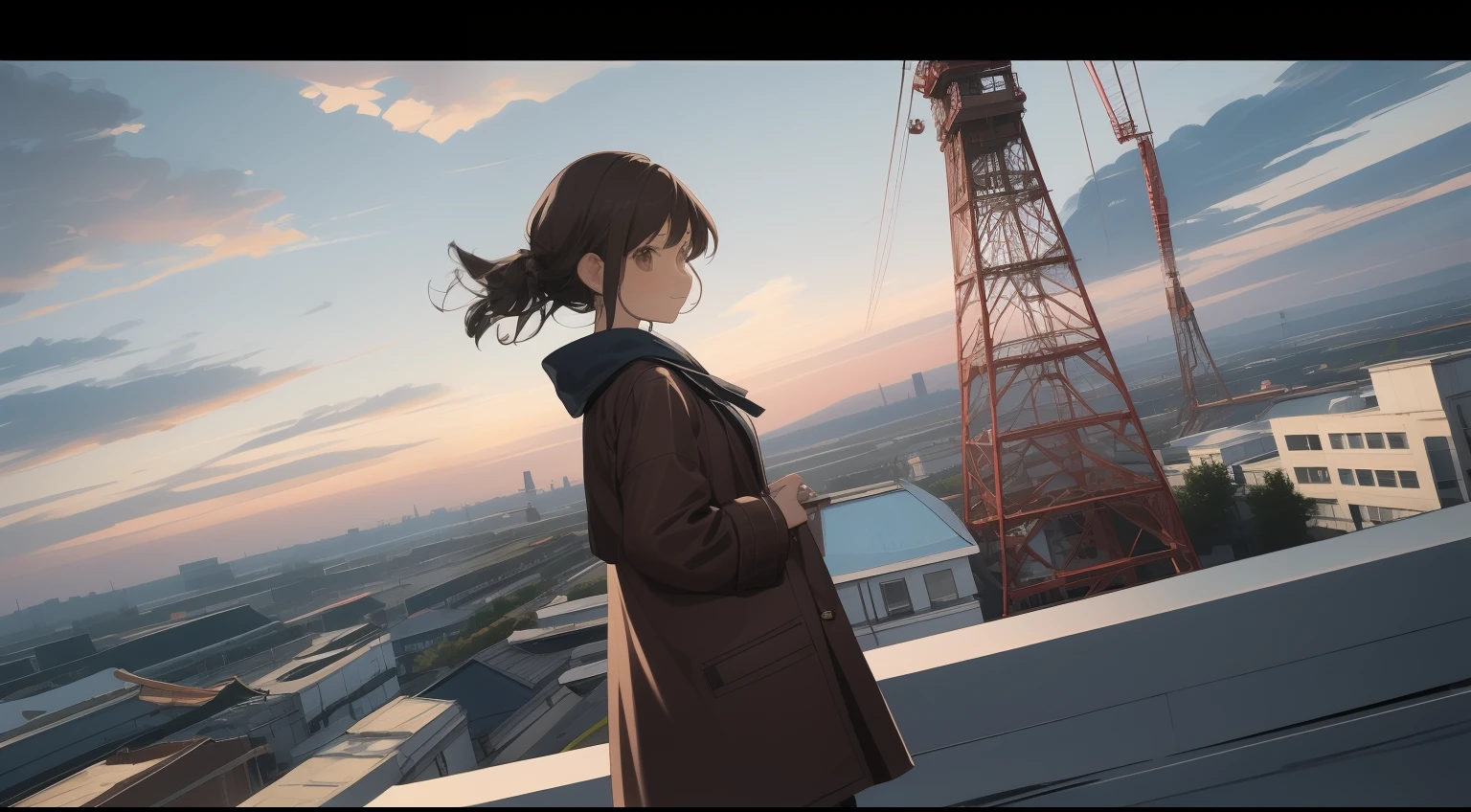 （tmasterpiece，best qualtiy），from the above， 1girll， 独奏， advertising billboard， with brown eye， brown  hair， build， 城市， mostly cloudy sky， Manteau， boots， The crane\（makina\）， Dutch angle， From the side Side， Shallow frown， looking at viewert， exteriors， the roof， Skysky， skyscrapper，There are many clouds in the sky，Morning and dusk junction，richcolors。