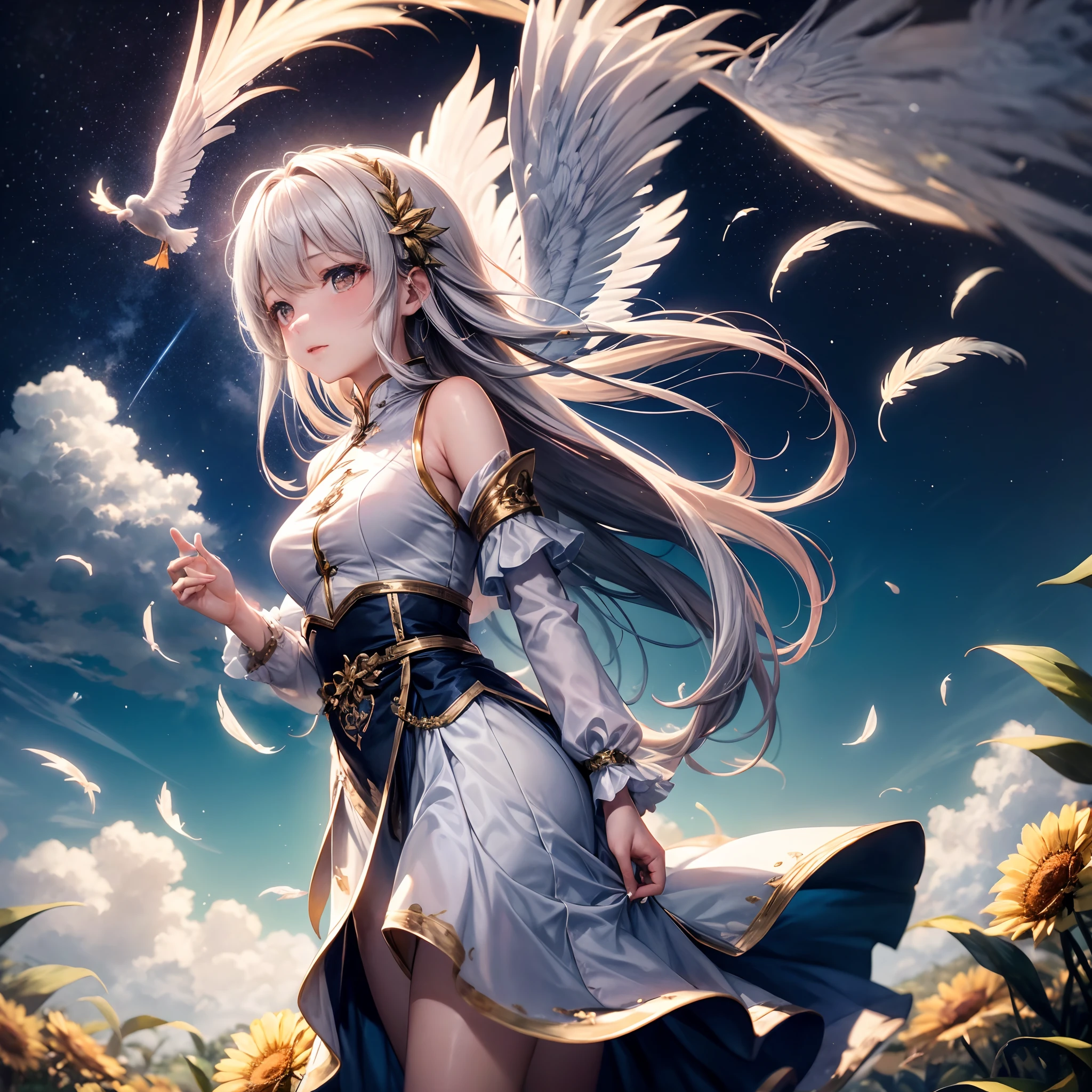 ，masterpiece, best quality，8k, ultra highres，In the wide and boundless sky，A cloud as fluffy as soft cotton spreads out。This is no ordinary cloud，It's a magical cloud，It emits a brilliant and colorful light。In the clouds，A beautiful girl floated away as if she had come out of a dream。Her long hair was as white as snow，With the gentle breeze，Dancing in the clouds，It was like a fairy descending to the mortal world。She wore a gorgeous feather coat，The corners of the clothes flow between，It is like wings shining with golden light。

The clouds in this scene are not ordinary white，Rather, with a colorful halo，Colorful like a rainbow。Light shines through the gaps in the clouds，Shines on the girl，Enveloped her in a soft glow。The blue clouds complement the girl's feathers，It creates a dreamy and mysterious atmosphere。

The composition of the picture is mainly from a bird's eye angle，Place the maiden above the clouds，Unobstructed visibility of the entire scene is presented to the viewer。The shape of the clouds is rich and varied，Some are like flowers in bloom，Some are like strange creatures，Each cloud brings a different reverie and association。The sky in the background transforms into stars，It is like a window into the unknown。