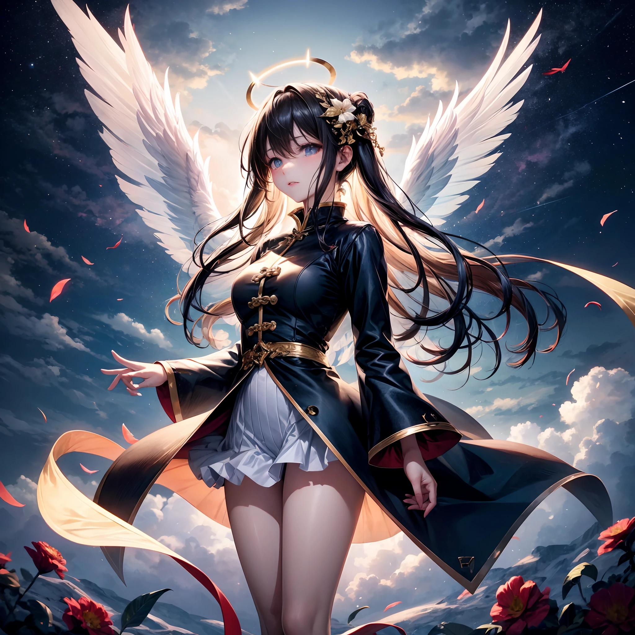 ，masterpiece, best quality，8k, ultra highres，In the wide and boundless sky，A cloud as fluffy as soft cotton spreads out。This is no ordinary cloud，It's a magical cloud，It emits a brilliant and colorful light。In the clouds，A beautiful girl floated away as if she had come out of a dream。Her long hair was as white as snow，With the gentle breeze，Dancing in the clouds，It was like a fairy descending to the mortal world。She wore a gorgeous feather coat，The corners of the clothes flow between，It is like wings shining with golden light。

The clouds in this scene are not ordinary white，Rather, with a colorful halo，Colorful like a rainbow。Light shines through the gaps in the clouds，Shines on the girl，Enveloped her in a soft glow。The blue clouds complement the girl's feathers，It creates a dreamy and mysterious atmosphere。

The composition of the picture is mainly from a bird's eye angle，Place the maiden above the clouds，Unobstructed visibility of the entire scene is presented to the viewer。The shape of the clouds is rich and varied，Some are like flowers in bloom，Some are like strange creatures，Each cloud brings a different reverie and association。The sky in the background transforms into stars，It is like a window into the unknown。