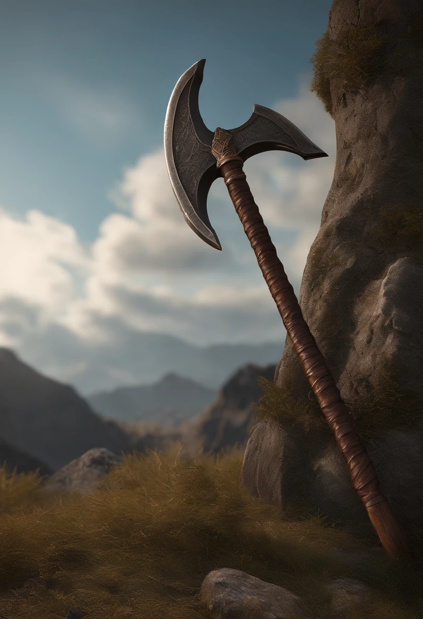 Close-up of a large metal axe with a wooden handle, fantasy weapon, highly detailed textured 8k, Berserker weapons, super detailed render, highly detailed texture render,battleaxe, rpg item render, dwarven weapon, 3D axe modeling, hyper realistic detailed rendering, epic fantasy weapon art, detailed unreal engine 5 render