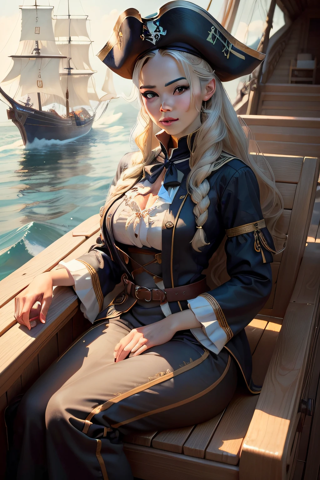 Portrait of a sailor woman in the pirate era、​masterpiece, top-quality, hightquality, hight resolution、Beautiful expression、(Lifelike face)、realisticeyes、beatiful detailed eyes、real looking skin、Beautiful skins、A hyper-realistic、ighly detailed、((full-body view))、Meet Captain Isabella, Fearless Pirate Queen, Immerse yourself in an elegant and functional ensemble、A captivating touch. She is confident on the deck of her ship, When you set off for an unknown horizon. ​masterpiece, top-quality, hightquality, hight resolution、