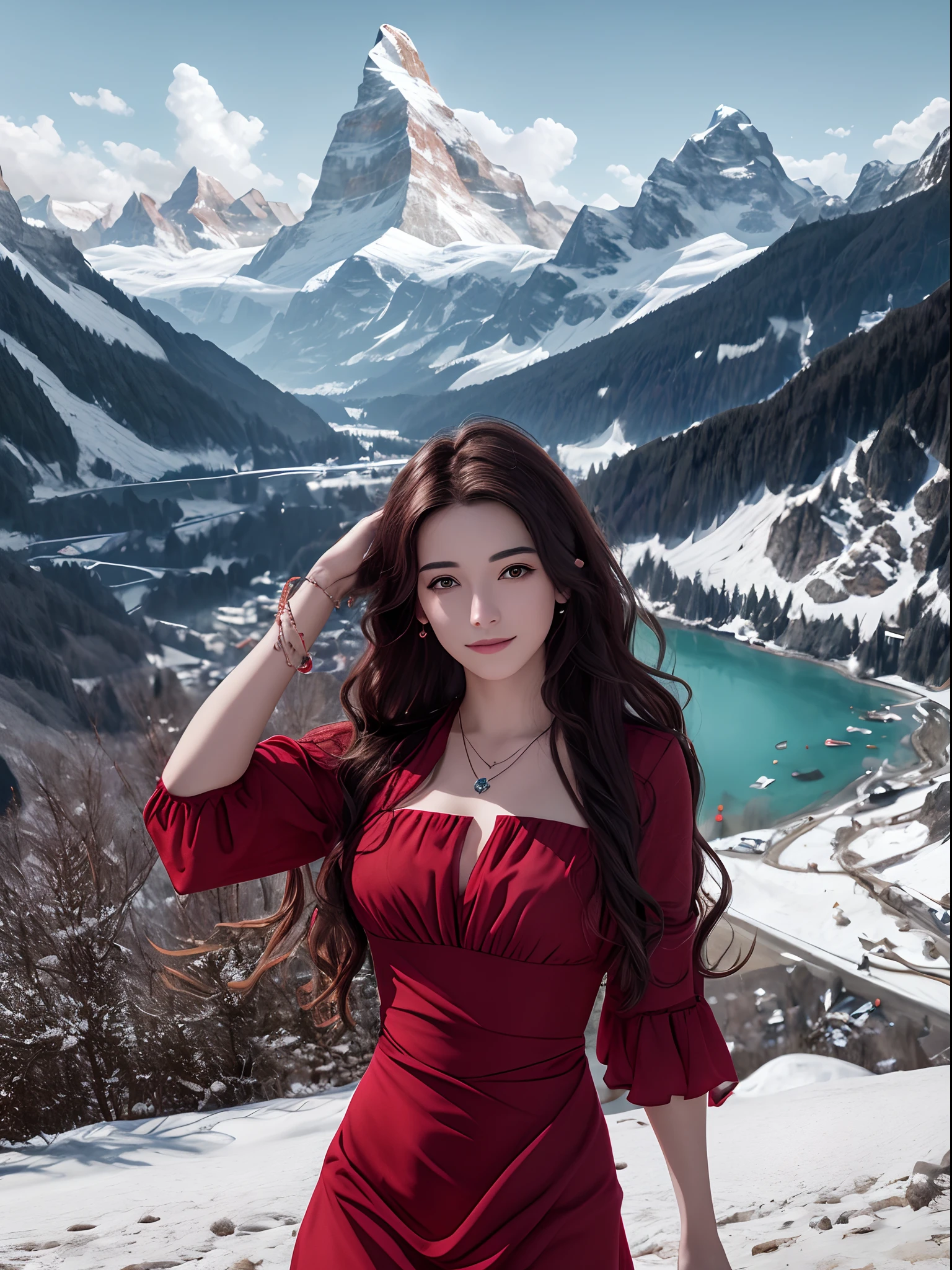 masterpiece,ultra realistic,32k,extremely detailed CG unity 8k wallpaper, best quality,
The Swiss Alps, Switzerland, ( Dark red A-line dress ) ,((spring day )), Beachy waves with a side part ,eardrop,lady ,necklace,