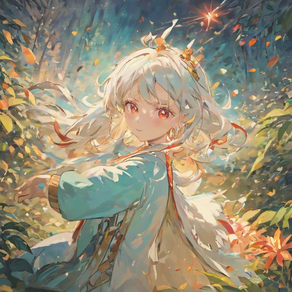 Shiny white hair、neutral face、Red eyes、Rich in color、Beautuful Women、wearing white clothes、well-styled、Curta、Super beautiful、high-level image quality、4K、8K、Round ears like tanukis can be seen、In the wilderness、autumnal、Colored leaves、Two people、