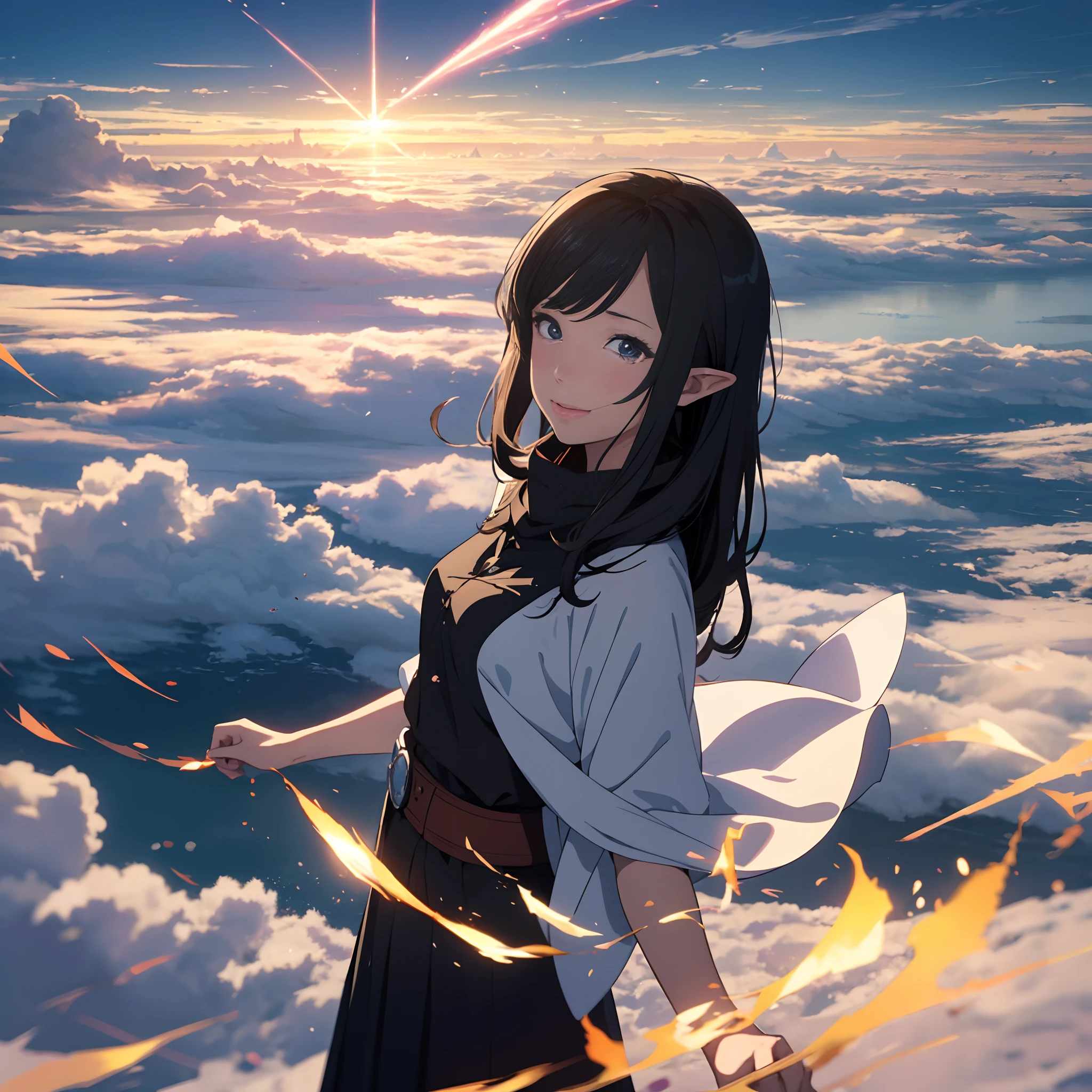 ，masterpiece, best quality，8k, ultra highres，In a surreal world，A scene full of anime-style is being staged。It is a city in the sky made of soft and gorgeous fluffy clouds。The girls wore costumes in fluorescent cloaks，Jump and frolic over colorful clouds。A halo flickered above their heads，Colorful sparks splashed everywhere，It's like a fairyland。

The girls in the anime all have big eyes and playful and cute expressions。They have a wide variety of hairstyles and clothing，Some shawls have long hair flowing like a waterfall，Some wear gorgeous hair accessories，Each one exudes a unique personality。They frolic in the clouds，The posture is elegant and agile，Elf-like existence。

The scene is full of elements of fantasy and fantasy，The colors are full and vivid，It's like a picture scroll。The clouds in the background take on a variety of forms，Some are fluffy like marshmallows，Some undulate like waves of water，The whole Sky City seems to have jumped out of a fairy tale。

The composition is dominated by diagonals，It shows the liveliness and elegance of the girls to the fullest。The rich clouds in the picture form a dreamy background，Make the girls stand out even more。The use of light and shadow makes the whole picture vivid and realistic，It was as if you could hear the cheerful laughter of the girls and the breeze between the clouds，It brings the viewer a strong feeling of surprise and pleasure。