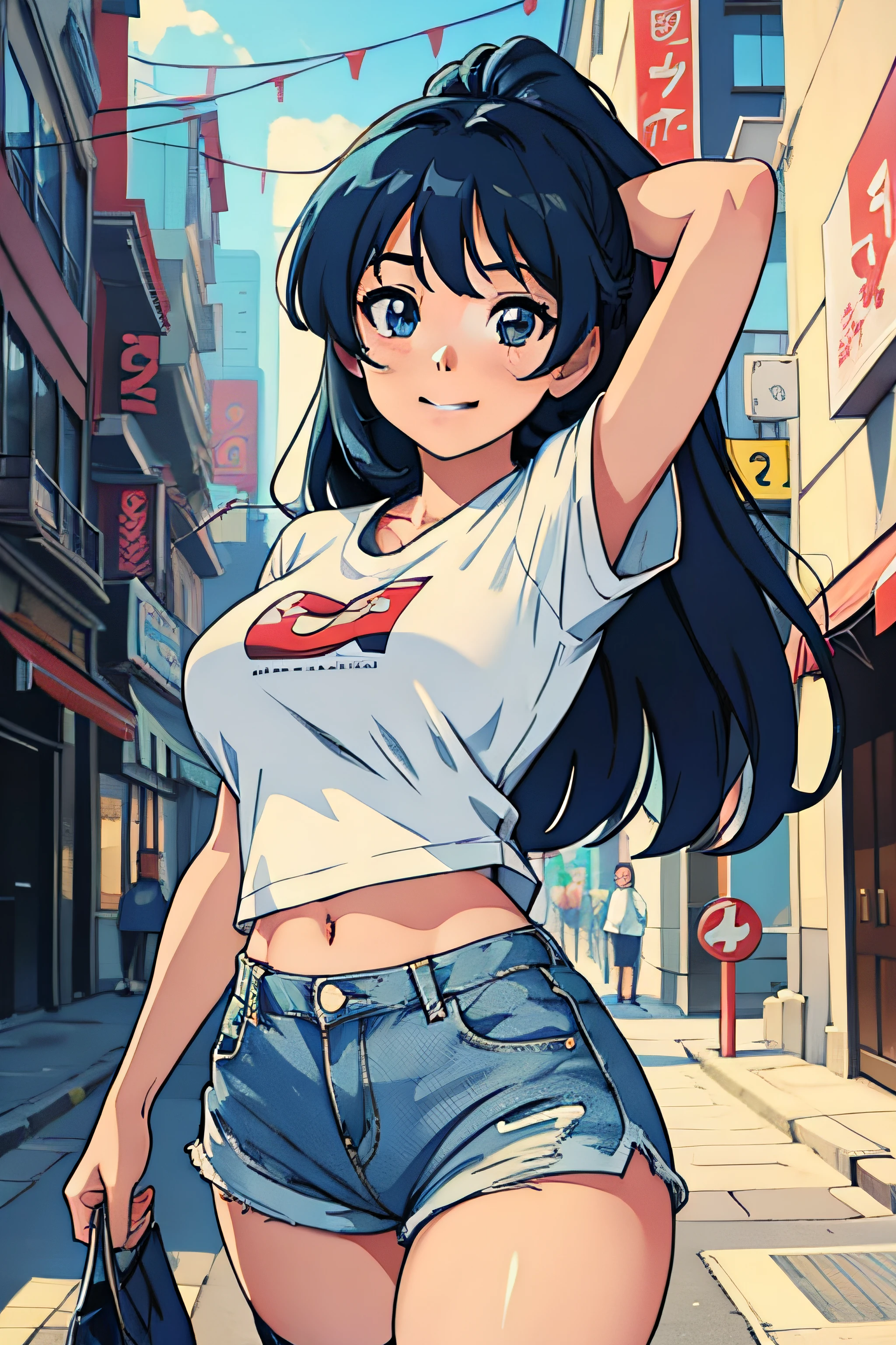 anime girl in denim shorts and white shirt in a city, anime style 4 k, best anime 4k konachan wallpaper, badass anime 8 k, anime moe artstyle, 4k anime wallpaper, anime art wallpaper 8 k, 4 k manga wallpaper, anime art wallpaper 4 k, anime art wallpaper 4k, anime wallpaper 4k, anime wallpaper 4 k, ultra detailed eyes, (masterpiece), underboob, smiling