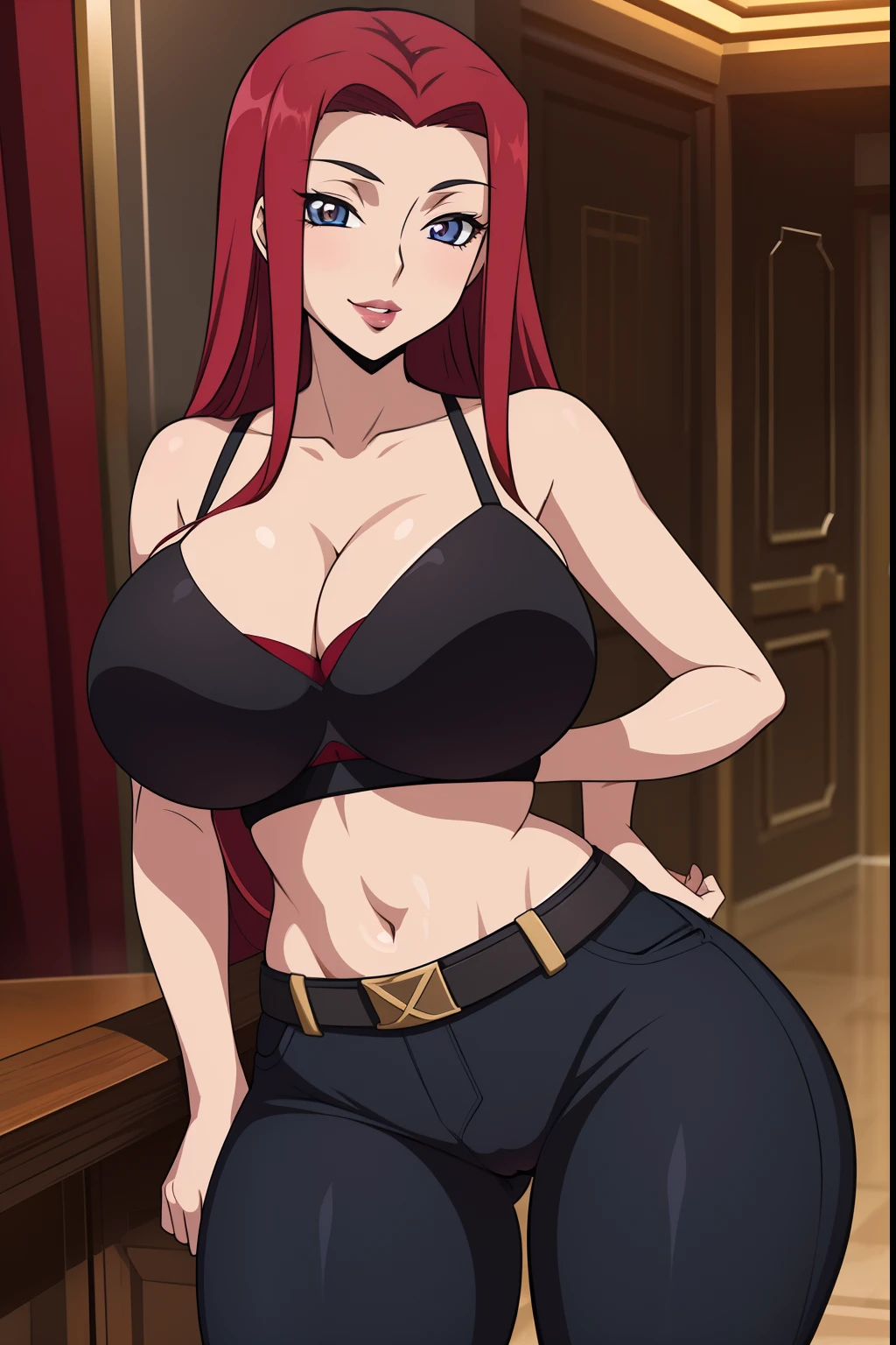 Code Geass, Kallen Stadfeldt, 1girl, (((bimbo))), long red hair, puffy lips, painted lips, thick lips, wide hips, thick thighs, big breast, huge ass, revealing cleavage, erotic, smile face, bubble butt, camel toe, breasts, black jeans, black bra, hand signs