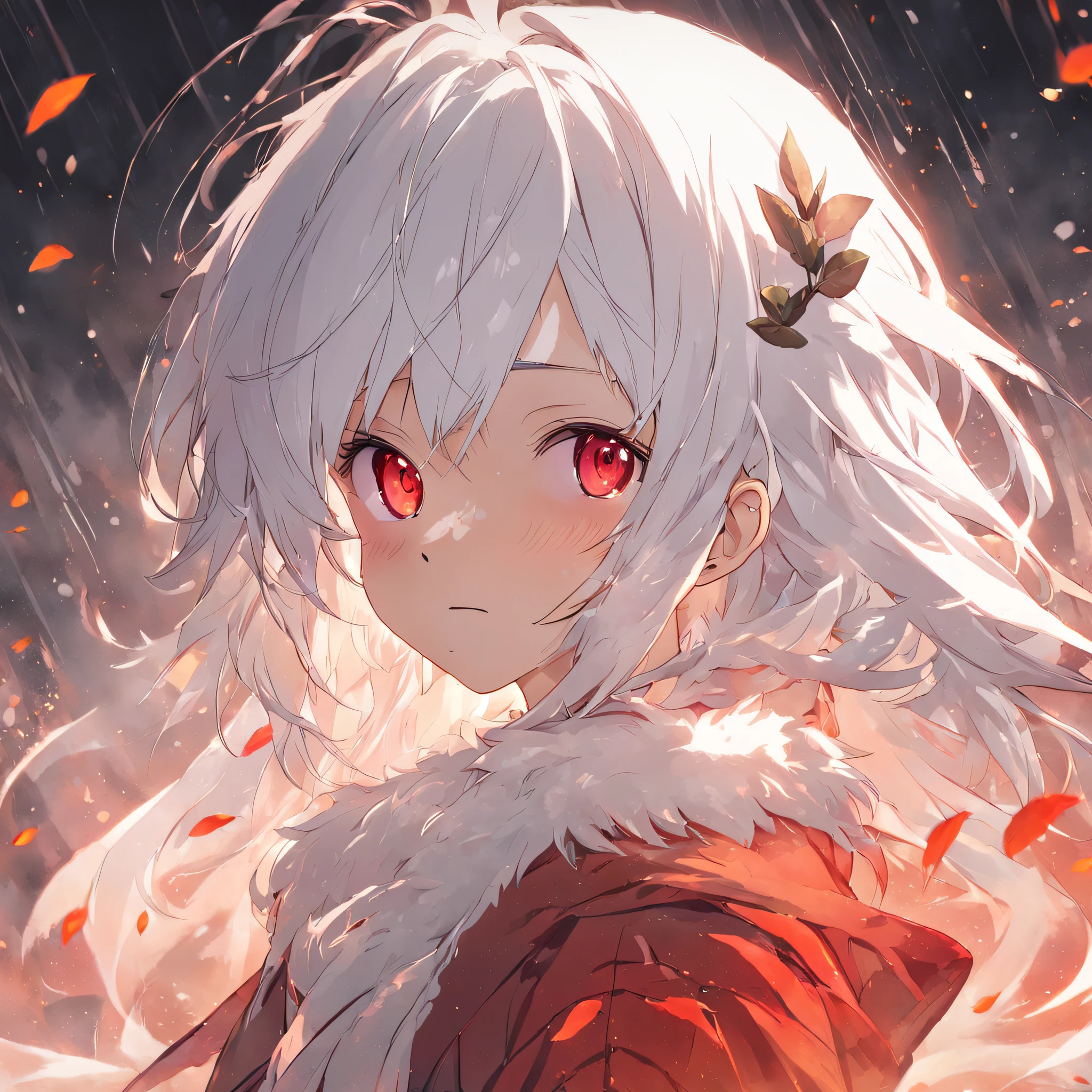 shiny white hair、Neutral face、Red eyes、Rich in color、Beautie、Wearing white clothes、well-styled、小柄、Super beautiful、high-level image quality、4K、8K、Round ears like tanuki are visible、In the wilderness、autumnal、Colored leaves、two people、