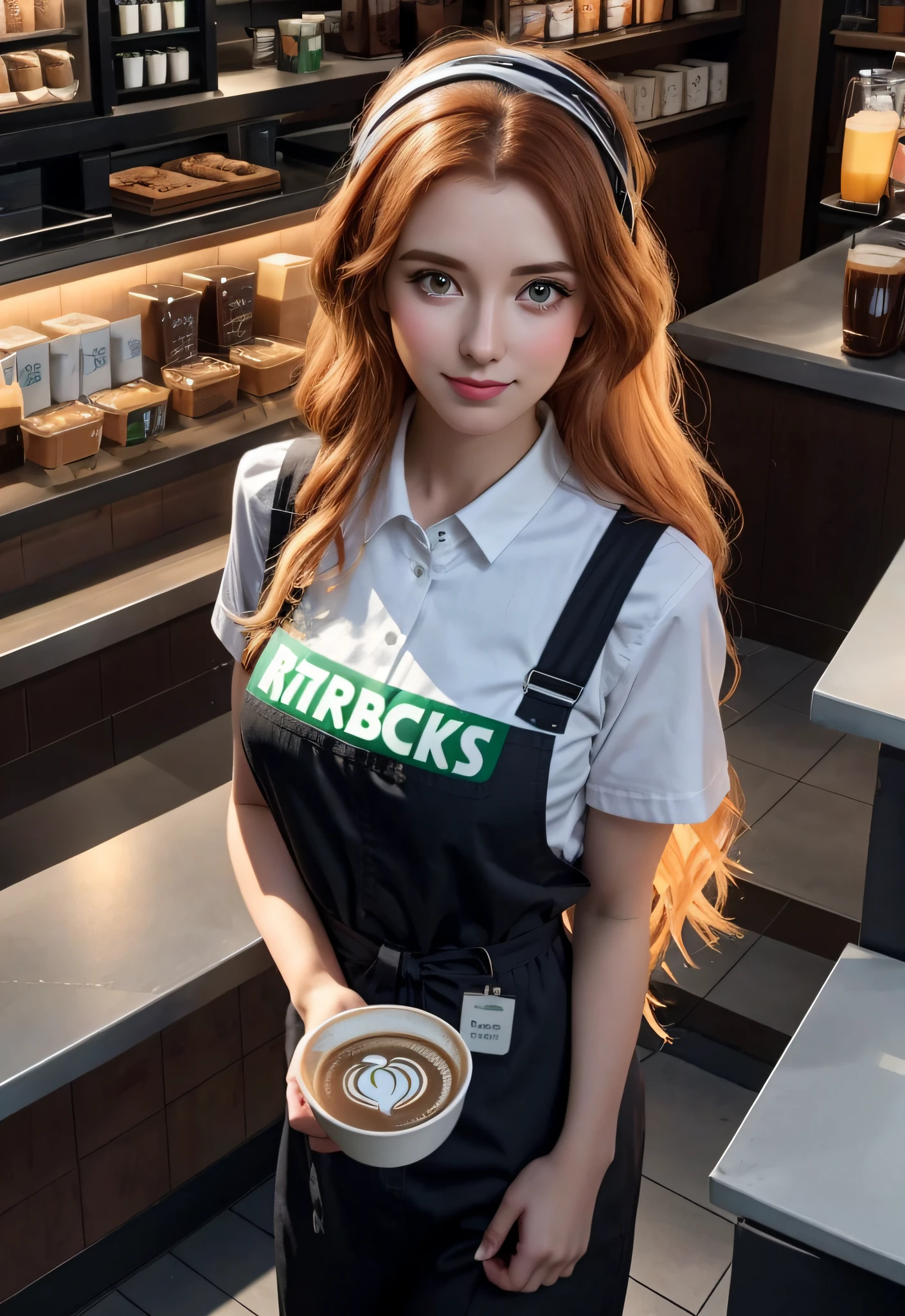 Alafeld girl in Starbucks uniform holding a cup of coffee, starbucks aprons and visors, mysterious coffee shop girl, ( Waitress ) Girl, wearing rr diner uniform, Coveralls, sakimichan, Starbucks, 🤤 girl portrait, young beautiful amouranth, soda themed girl, mais conhecido como Amouranth, 8K)), amouranth