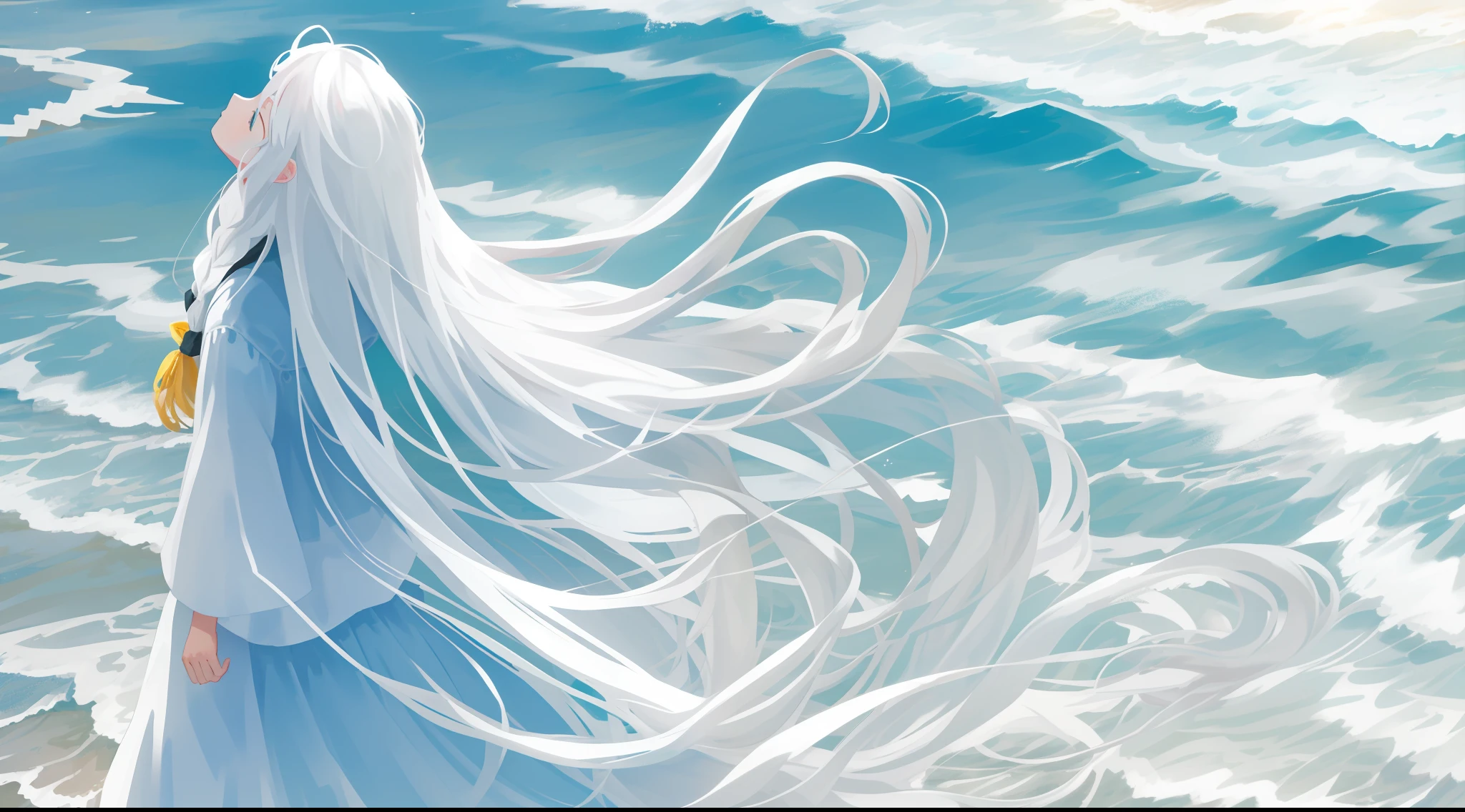 Beach,Look up,long white hair,Dark