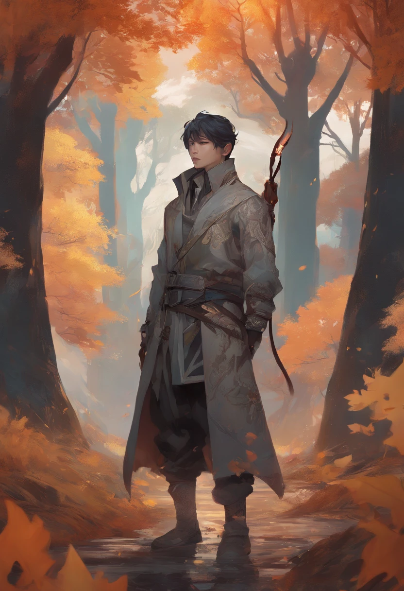 autumn light, autumn environment, masterpiece, young korean idol boy with wolf ear on his head, korean male,full body size, eastern fantasy theme, grey eyes, vertical pupils, forest, grey hair, cold look, light clothes, pale skin, colour grading, light illustration, the person in the middle, extreme quality, radiant, extremely detailed, ultra-detailed face, ultra hd 8k, ultra digitality, mythical, autumn lightning, concept art portrait by Greg Rutkowski, artgerm, hyperdetailed, intricately detailed art, fantasy style, triadic colours, fantastical, intricate detail, splash screen, complementary colours, fantasy concept art, 8k resolution, deviantart masterpiece, oil painting, heavy strokes, soft lighting, film photography, analogue photography, film grain, Anna Dittmann, hyperrealism, oil dripping,boy,male, korean idol male face, short hair male,