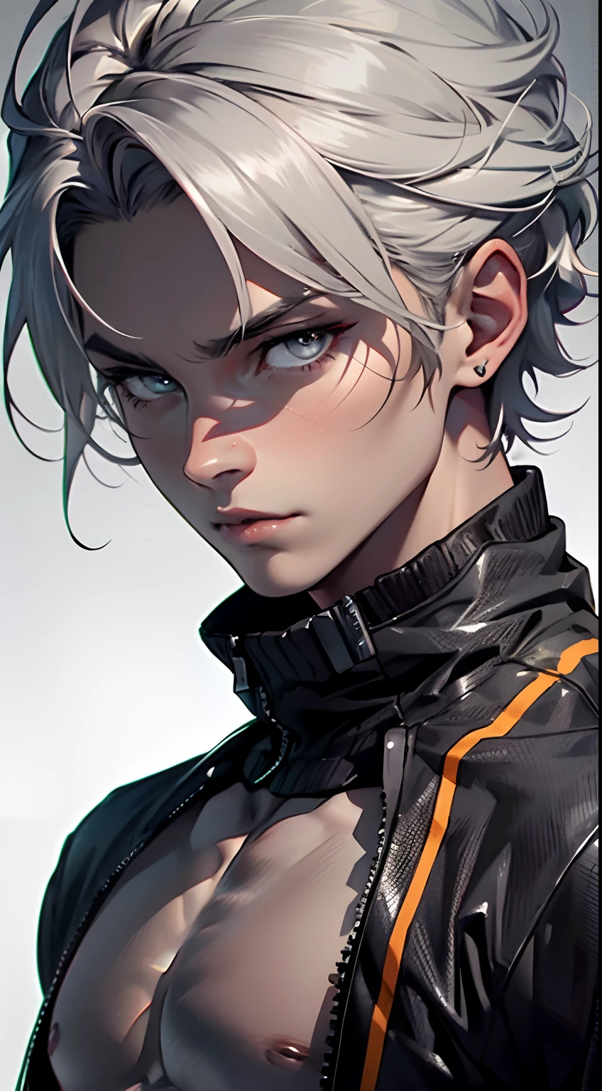 4K, high resolution, Best quality, Masterpiece, perfect colors, perfectly shaded, Perfect lighting, posted on e621, (by Chunie), anthro, ((Portrait)), ((Handsome man)), perfect male figure, short detailed hair,Wear men's shorts,Abs,musculature,chest muscle,Abs,Naked upper body,Detailed face, Perfect face, (The stands up), Detailed background, ((Bonifasko lighting)), (Detailed eyes), perfect pupils,((Silver-gray skin))