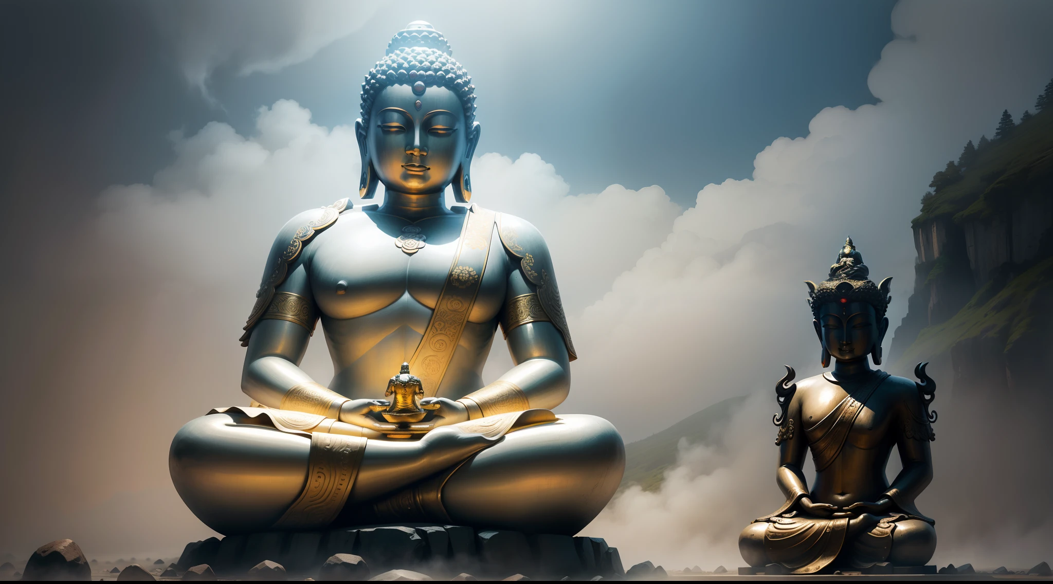 Seated Buddha statue，Planes，ocean floor，A group of goldfish surround the Buddha statue，Pink bubbles，extreme light，Sparkling，smog，Divinity，Big picture，photography of