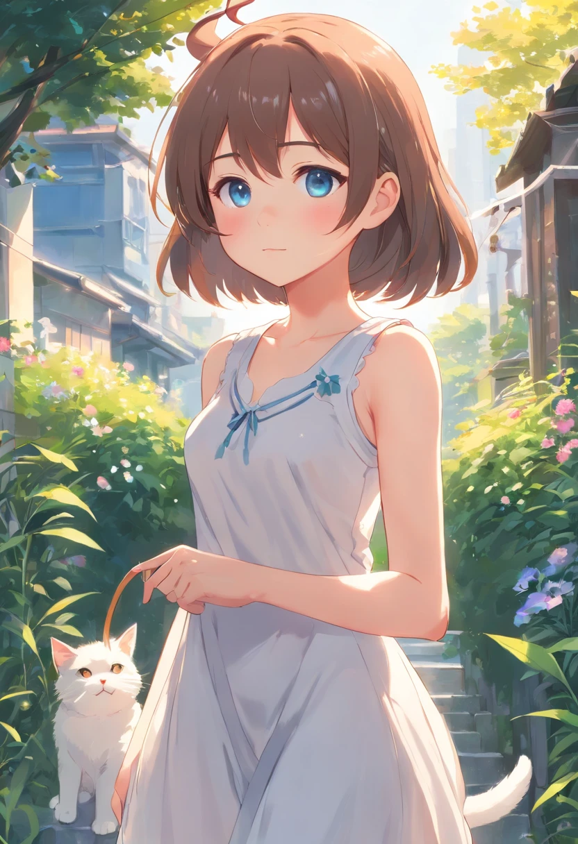Cat-eared girl in school uniform in garden, BREAK，silber hair，blue eyes，(((Sleeveless)))，Hang the laundry to dry，Holding a laundry basket with clothes，loli in dress, small curvy loli, artwork in the style of guweiz, guweiz on pixiv artstation, guweiz on artstation pixiv, guweiz, small loli girl, soft anime illustration, Anime visuals of cute girls, Detailed Digital Anime Art